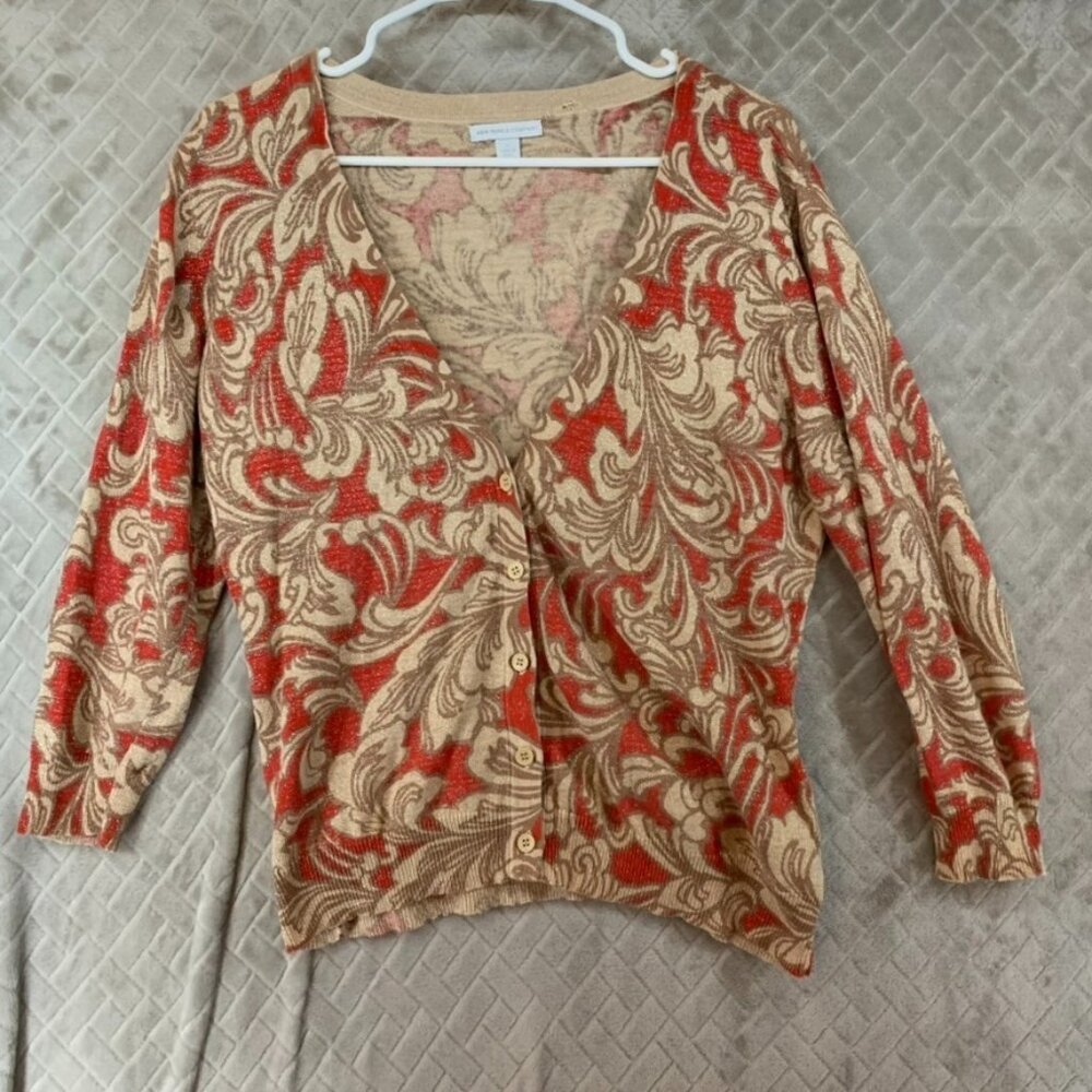 New York & Company Womens XL Cardigan Sweater Beige Filigree Metallic Button Up